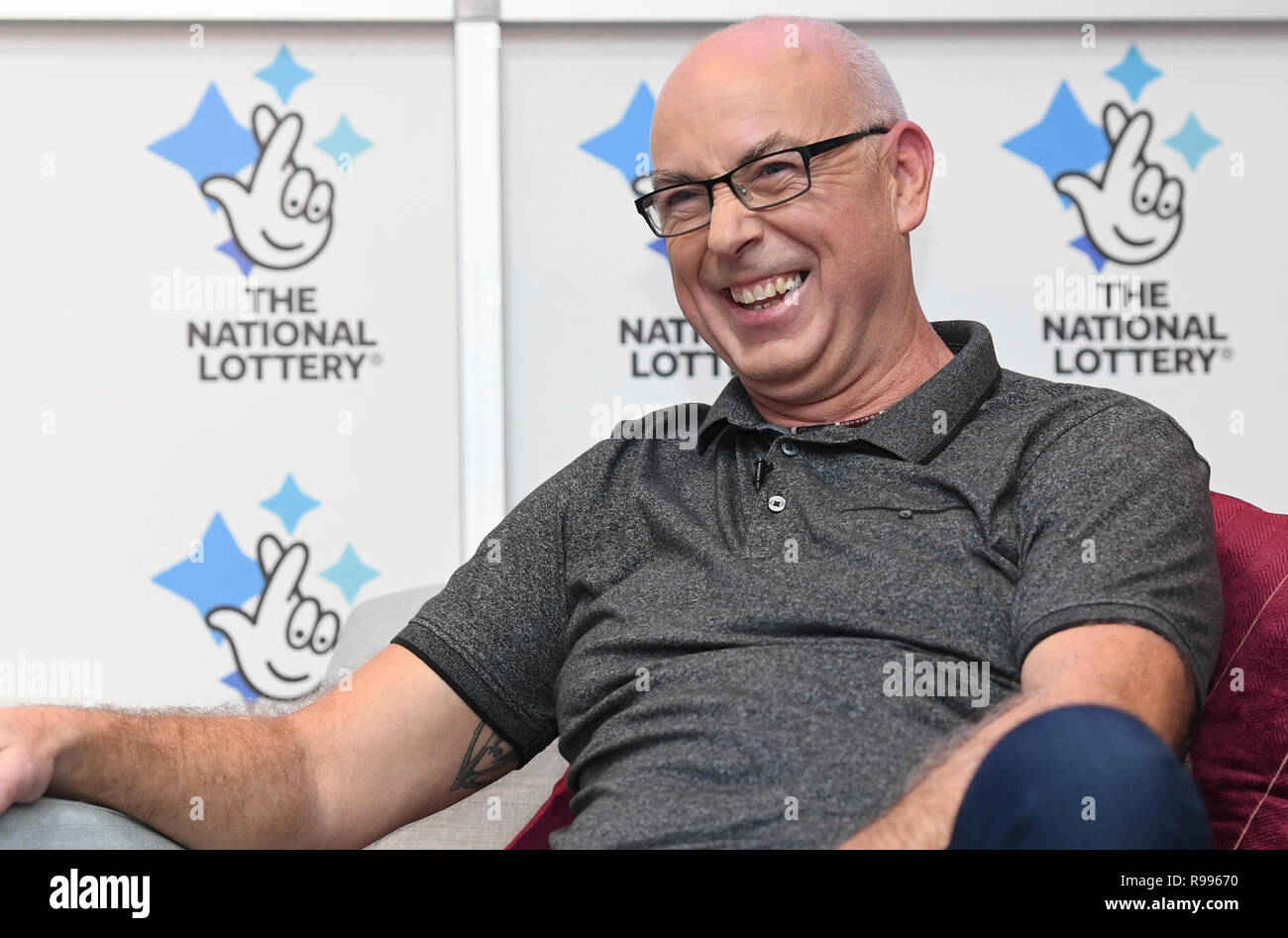 Andrew Clark, 51, from Boston, Lincolnshire, celebrates his £76,369,806.80 EuroMillions jackpot win from the draw on Friday 2 November 2018 at Belton Woods Hotel, Grantham. Stock Photo
