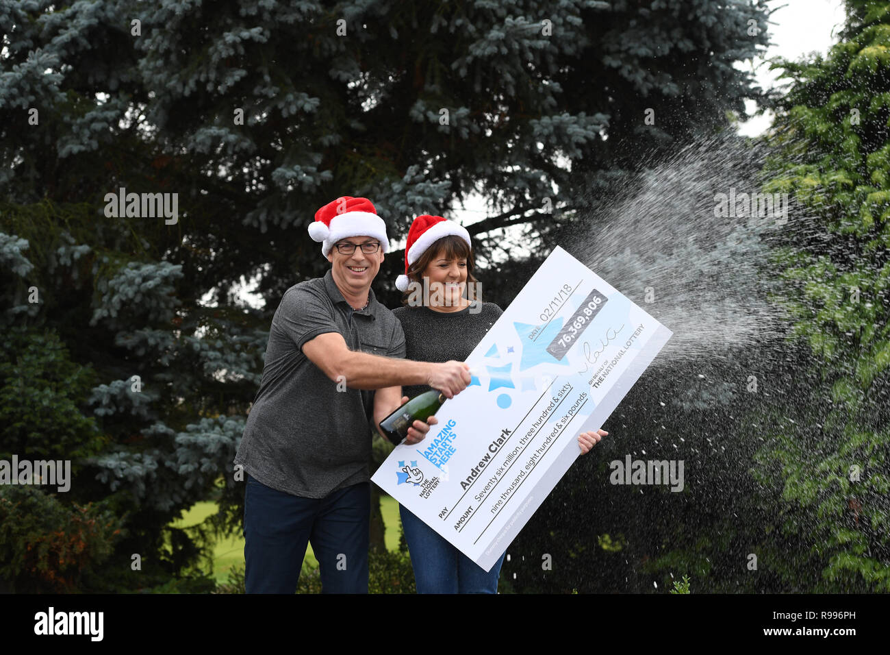 Andrew Clark, 51, from Boston, Lincolnshire, with his partner Trisha Fairhurst, celebrates his £76,369,806.80 EuroMillions jackpot win from the draw on Friday 2 November 2018 at Belton Woods Hotel, Grantham. Stock Photo