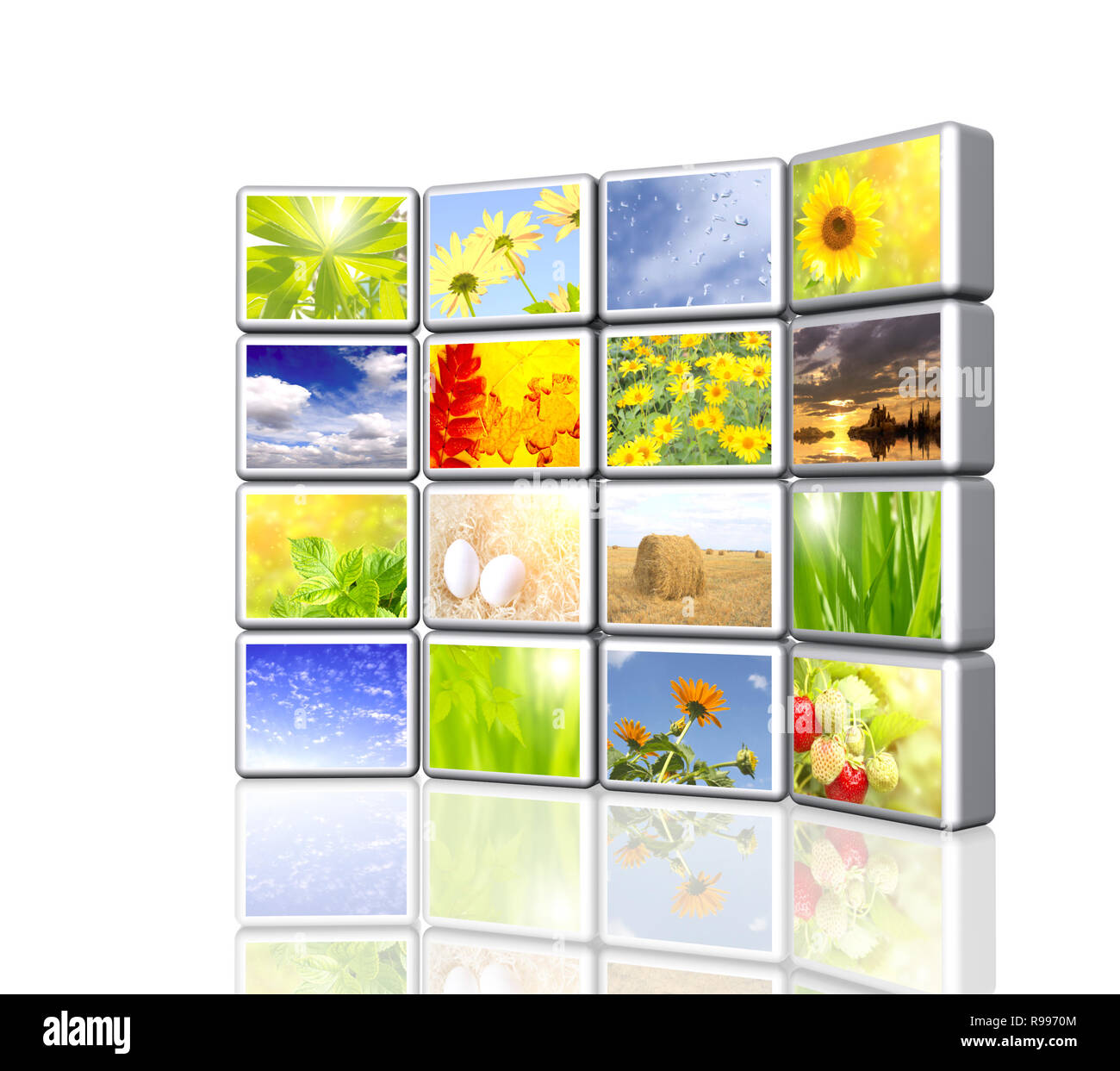 3d screen with photos. Over white Stock Photo