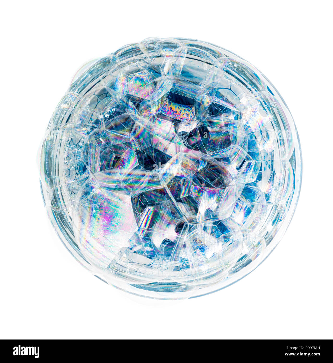 A circle of soap bubbles from blue shower gel on a white background
