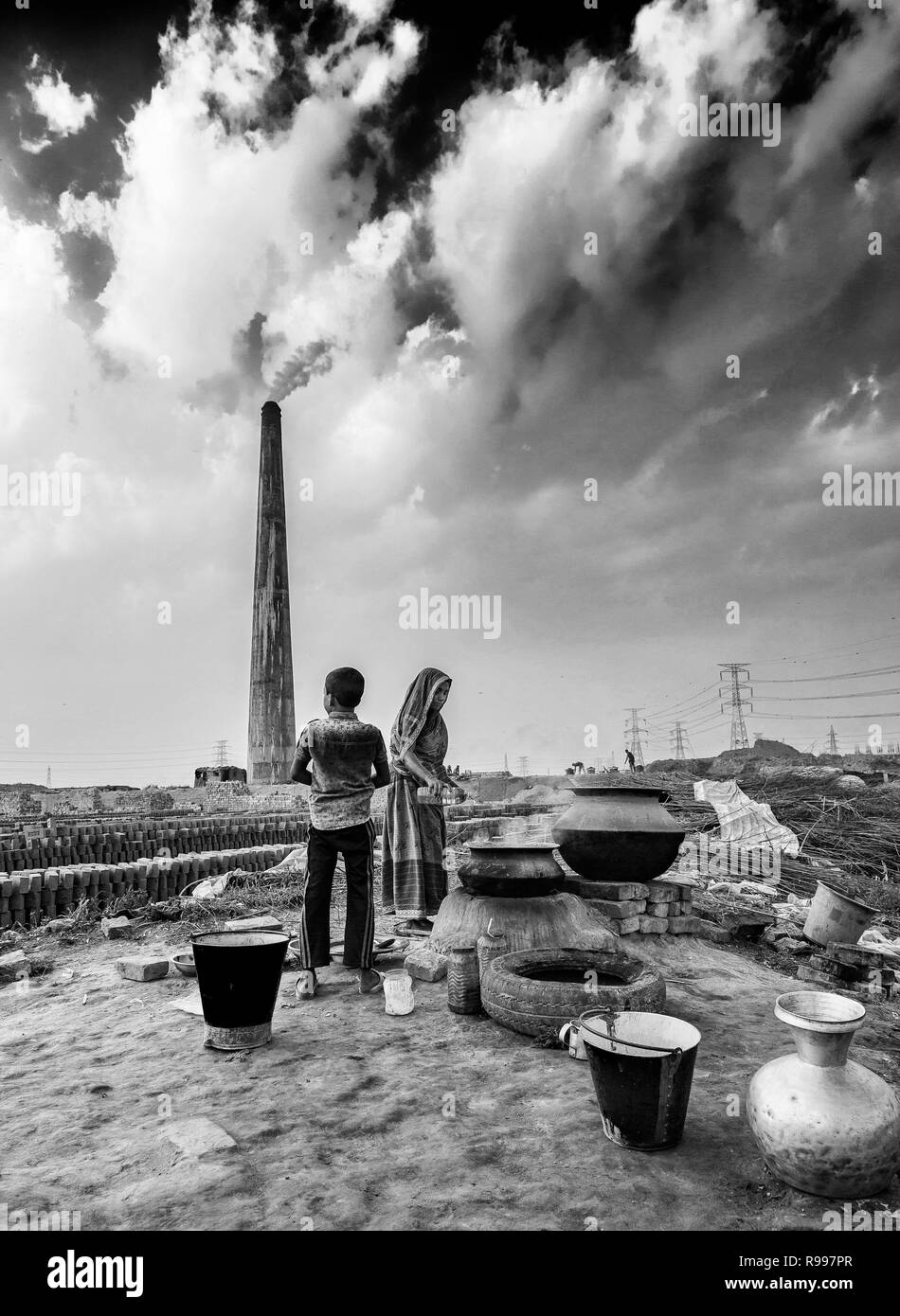 Open air kitchen in brick kiln Stock Photo