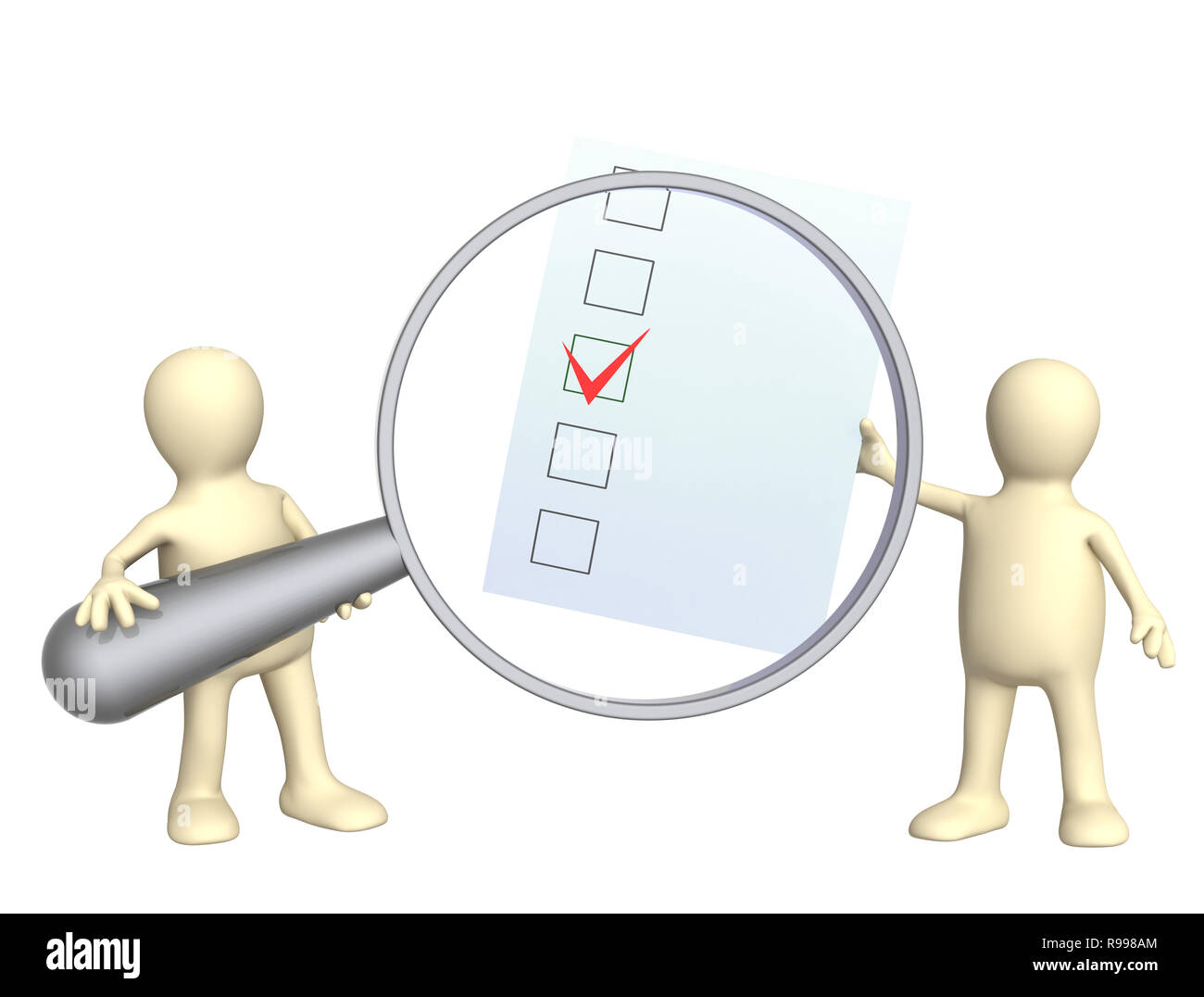 3D puppets with checklist and loupe. Isolated over white Stock Photo ...