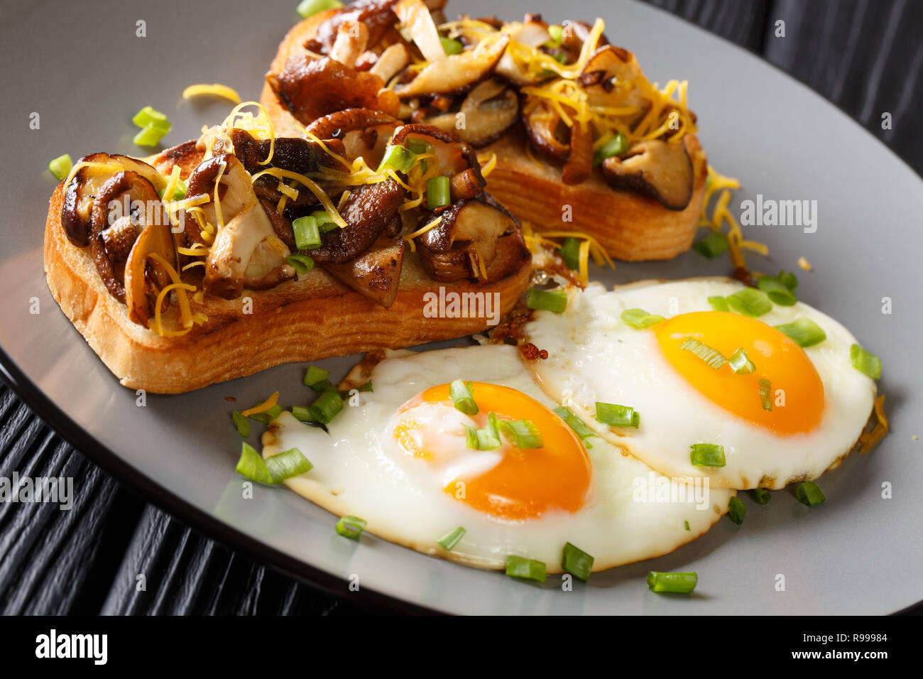 Shiitake mushroom and cheddar toasts with fried eggs closeup on a