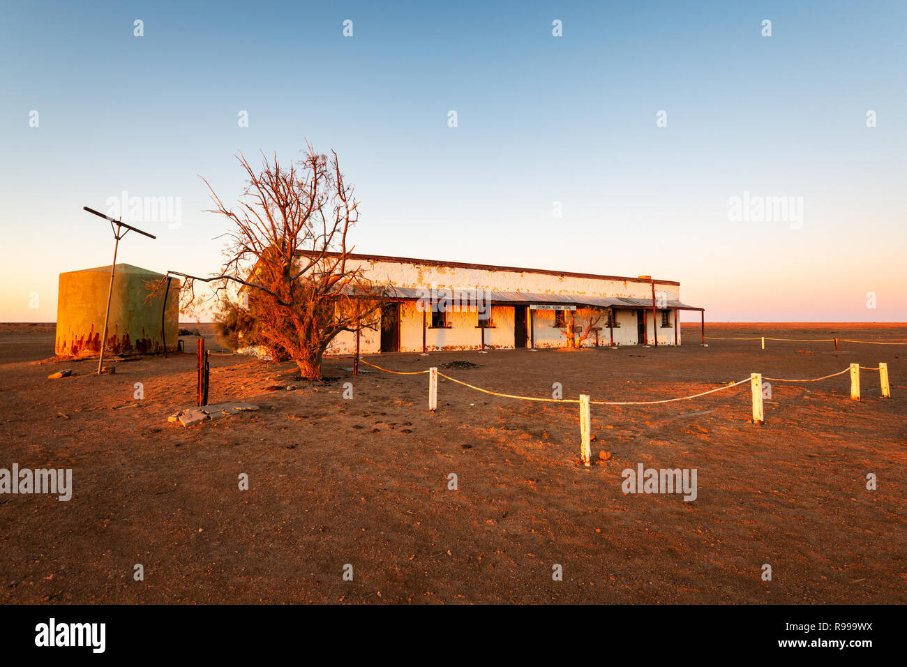 Historical Curdimurka Siding at the Old Ghan Route in South Australia's desert. Stock Photo