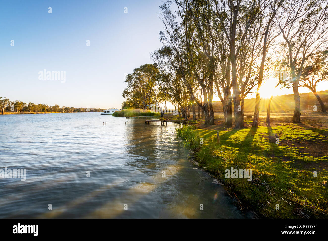 Sunrise at Kroehns Landing on the famous Murray River. Stock Photo