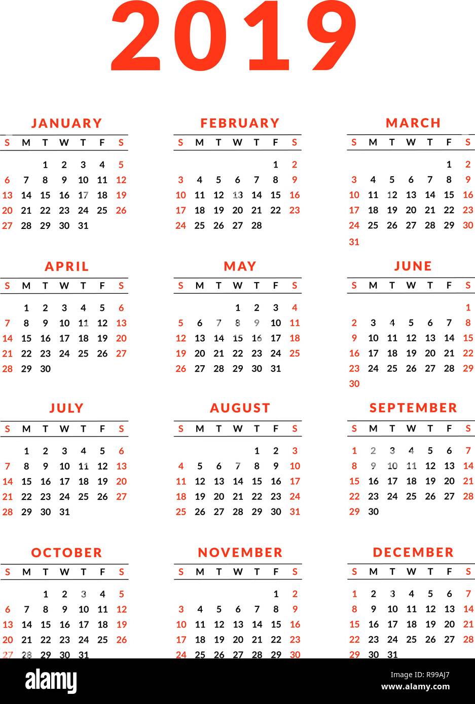 2019 calendar with marked red weekends. Week starts on sunday Stock