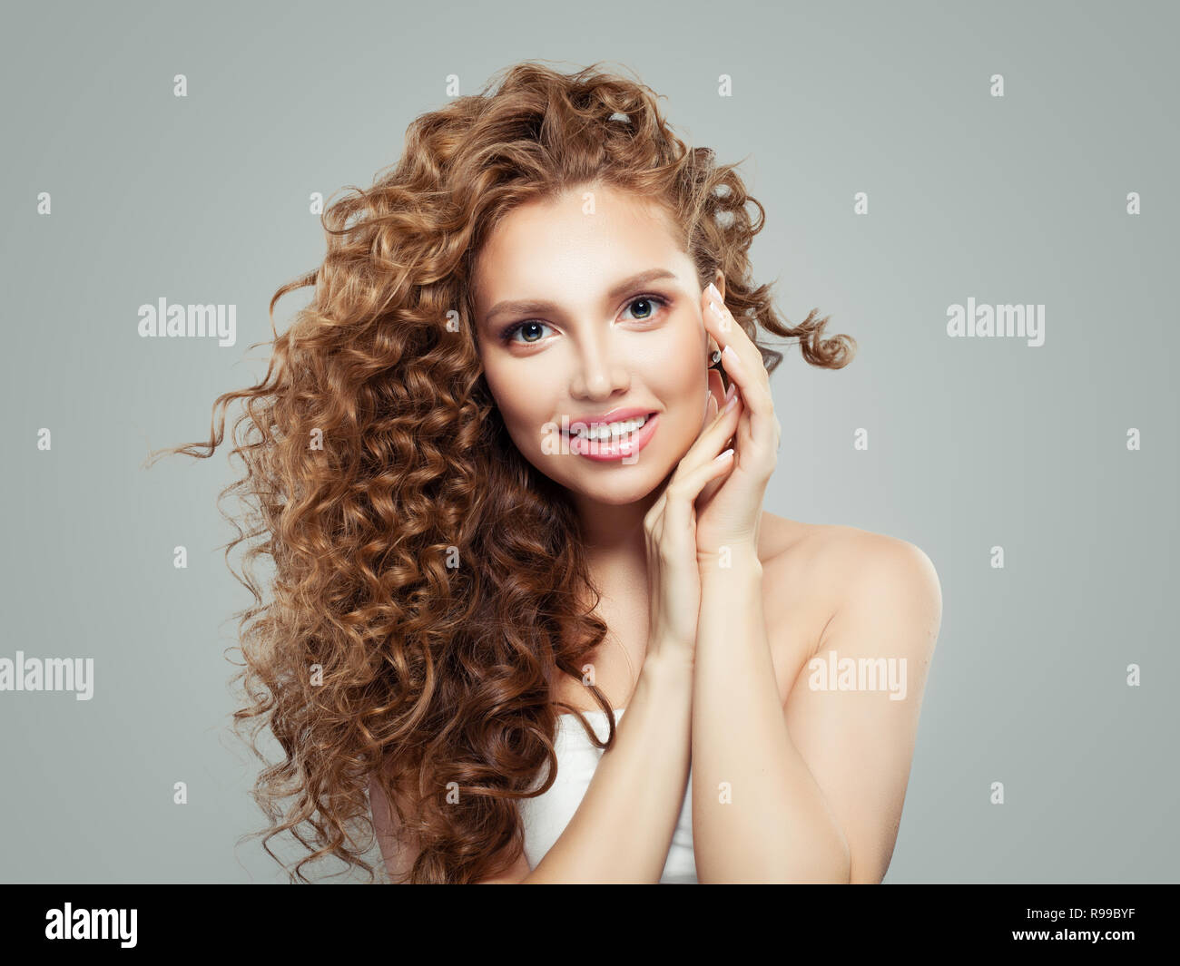 Young Woman With Long Healthy Curly Hair Portrait Perfect Girl