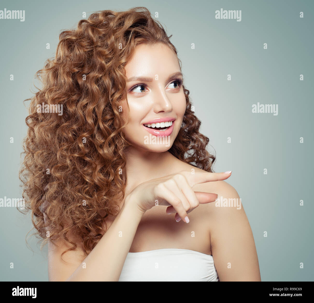 Surprised Woman Pointing Beautiful Female Model Girl With Long