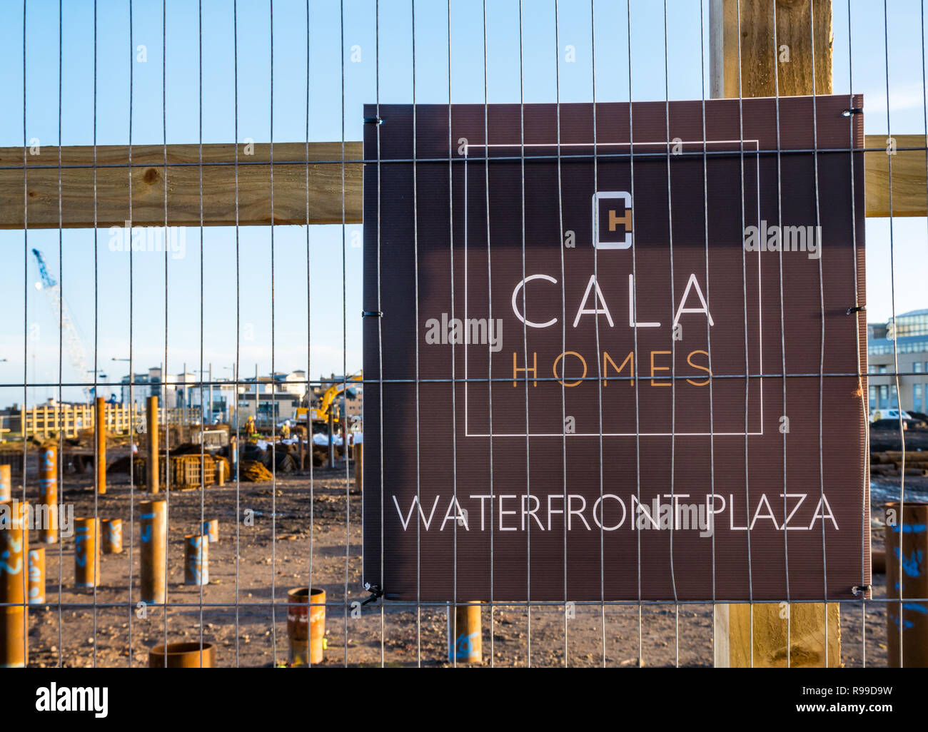 Advertising sign for Cala Homes at building site of Waterfront Plaza, Victoria Quay, Leith, Edinburgh, Scotland, UK Stock Photo