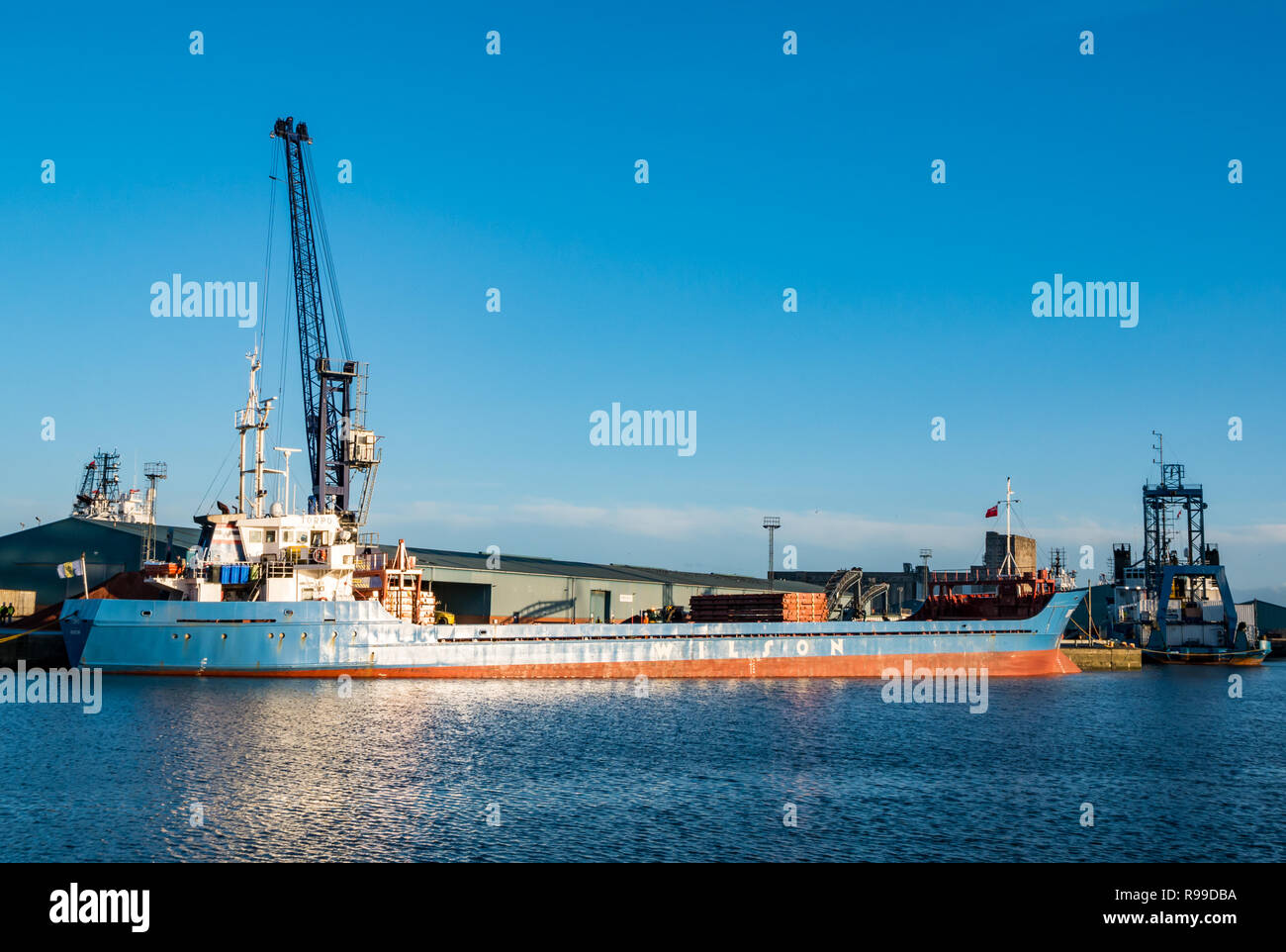 Moored Wilson company cargo ship Torpo, Albert Dock basin, Leith dock, Edinburgh, Scotland, UK Stock Photo