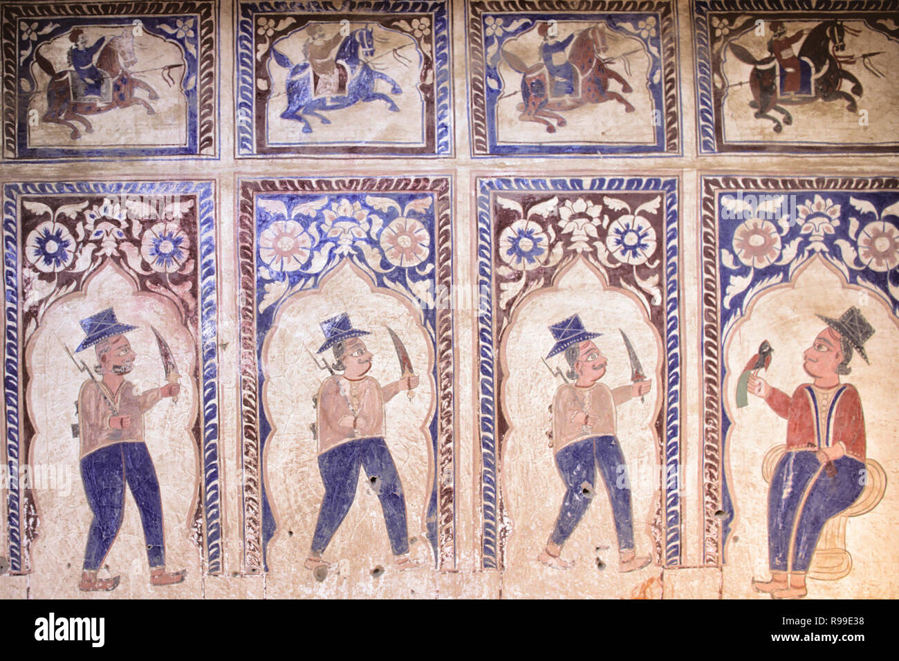 fresco depicting English soldiers in the temple Thakurji  1860 in Mandawa, Shekhawati,  Rajasthan, India, Stock Photo