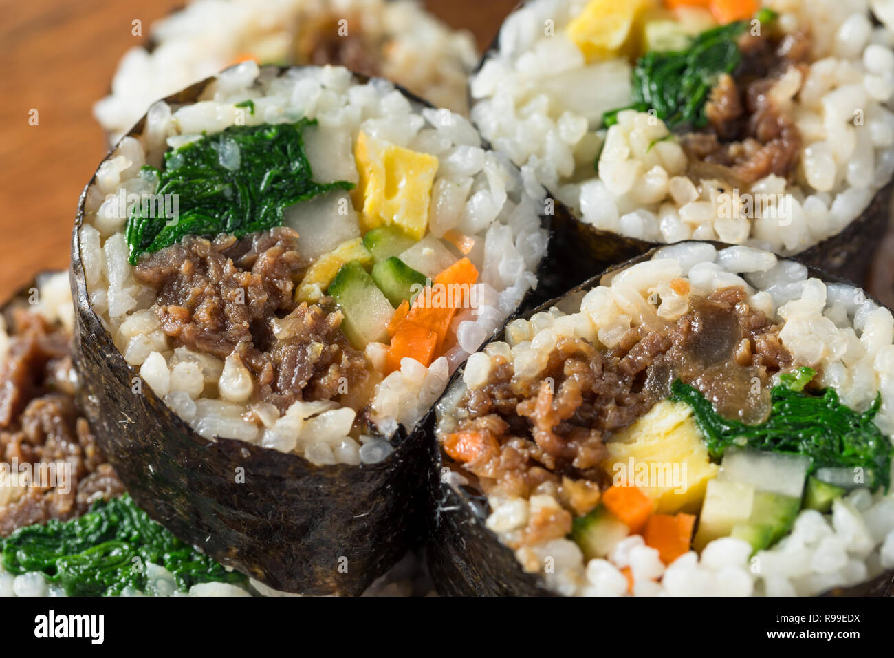 Homemade Korean Kimbap Rice Rolls with Beef and Veggies Stock Photo