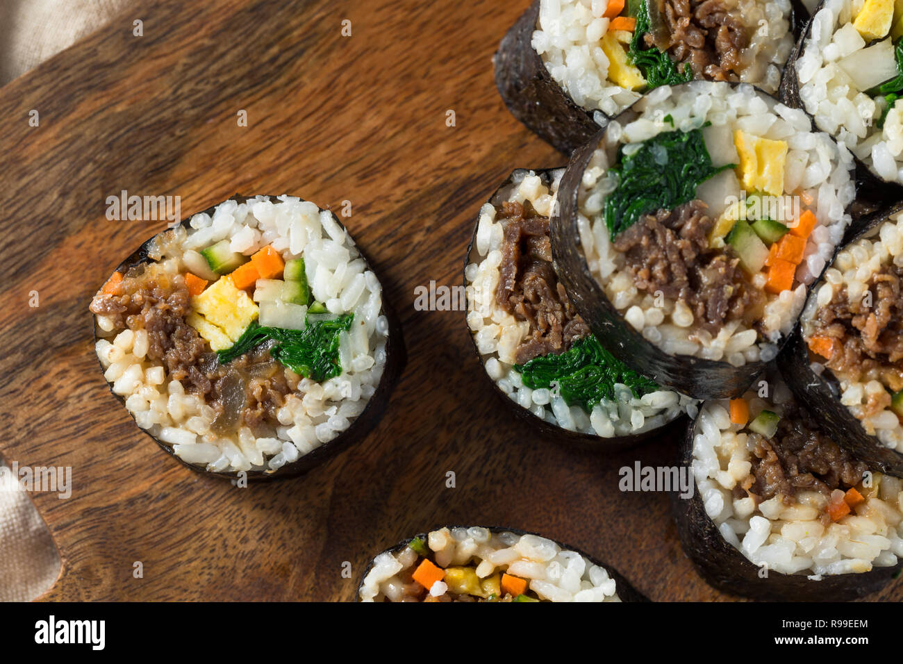 Homemade Korean Kimbap Rice Rolls with Beef and Veggies Stock Photo