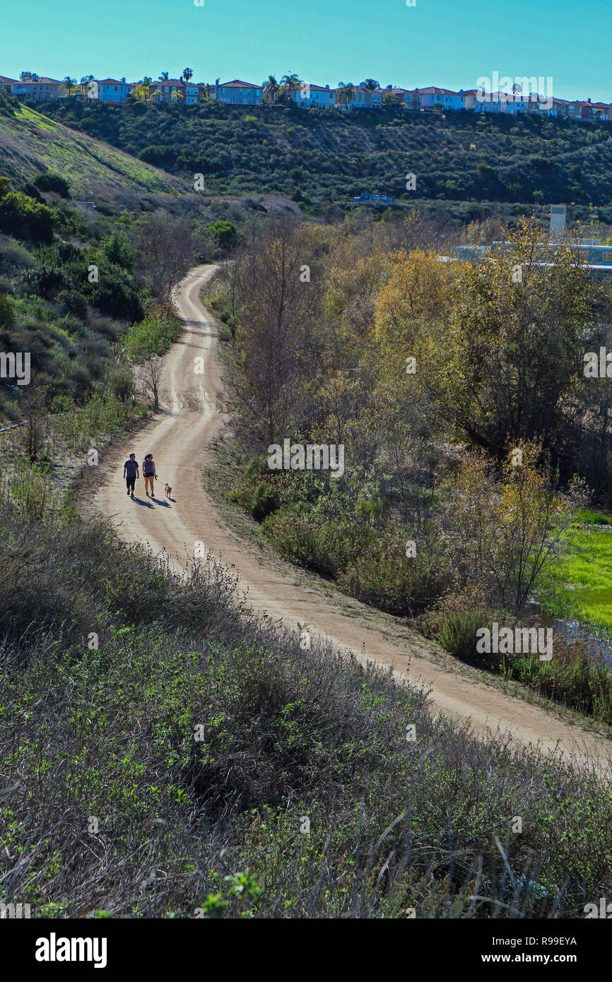 Trail winds it way through the Ballona Wetlands next to Silicon Valley, Playa Vista, Los Angeles California, USA Stock Photo