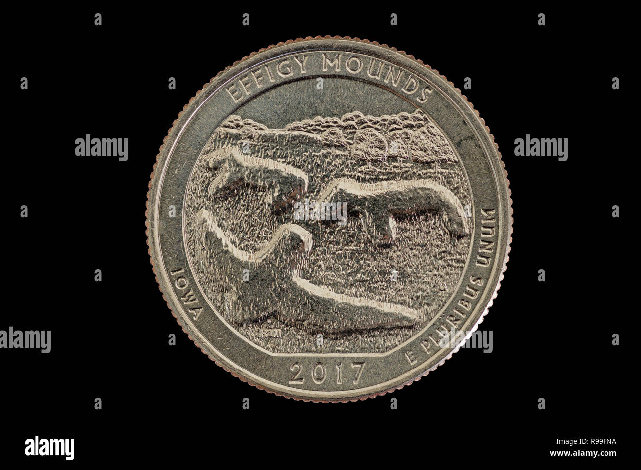 Effigy Mounds commemorative quarter coin isolated on black Stock Photo