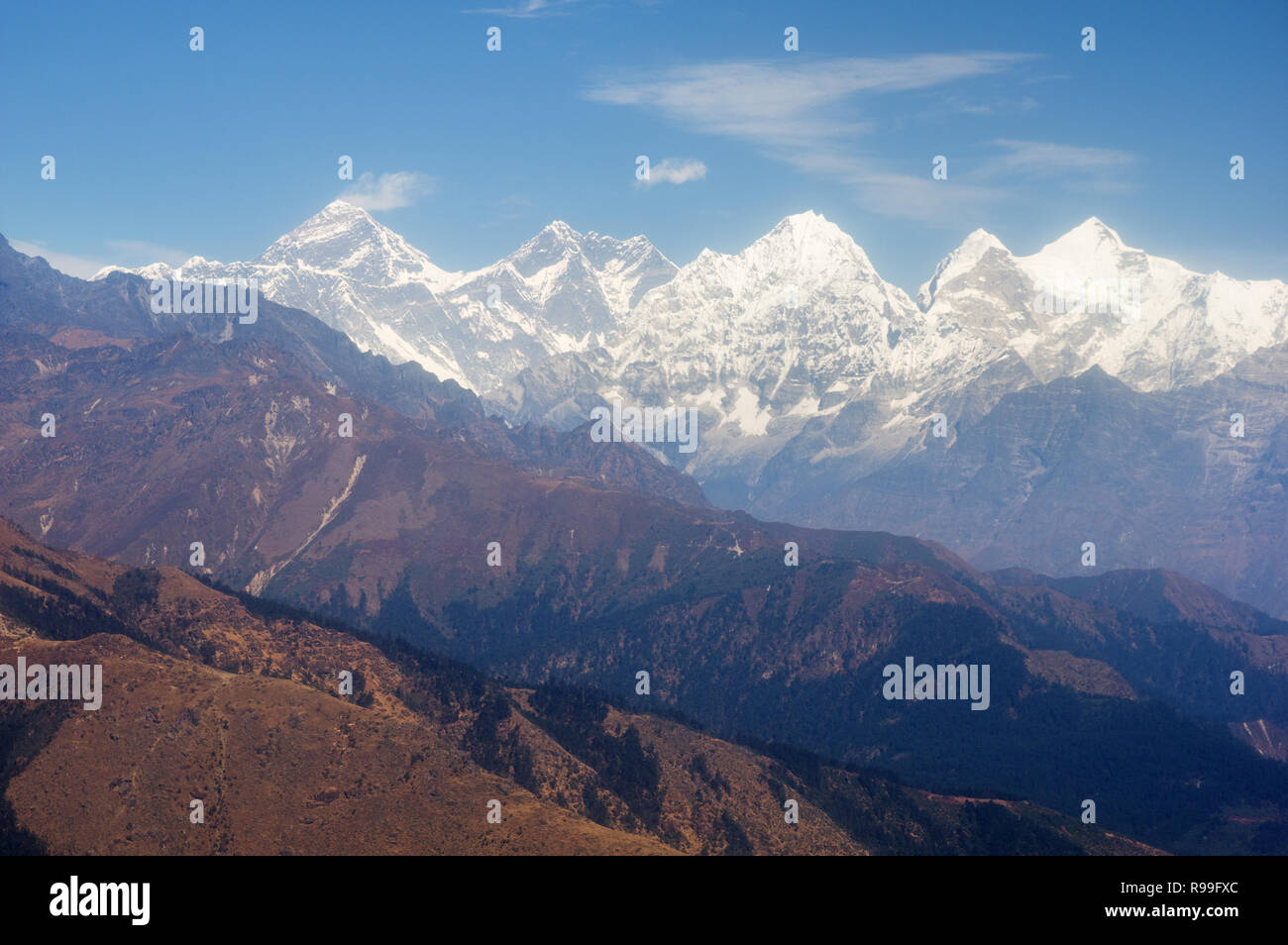 view of Everest and Himalayan other high peaks from a distance Stock Photo