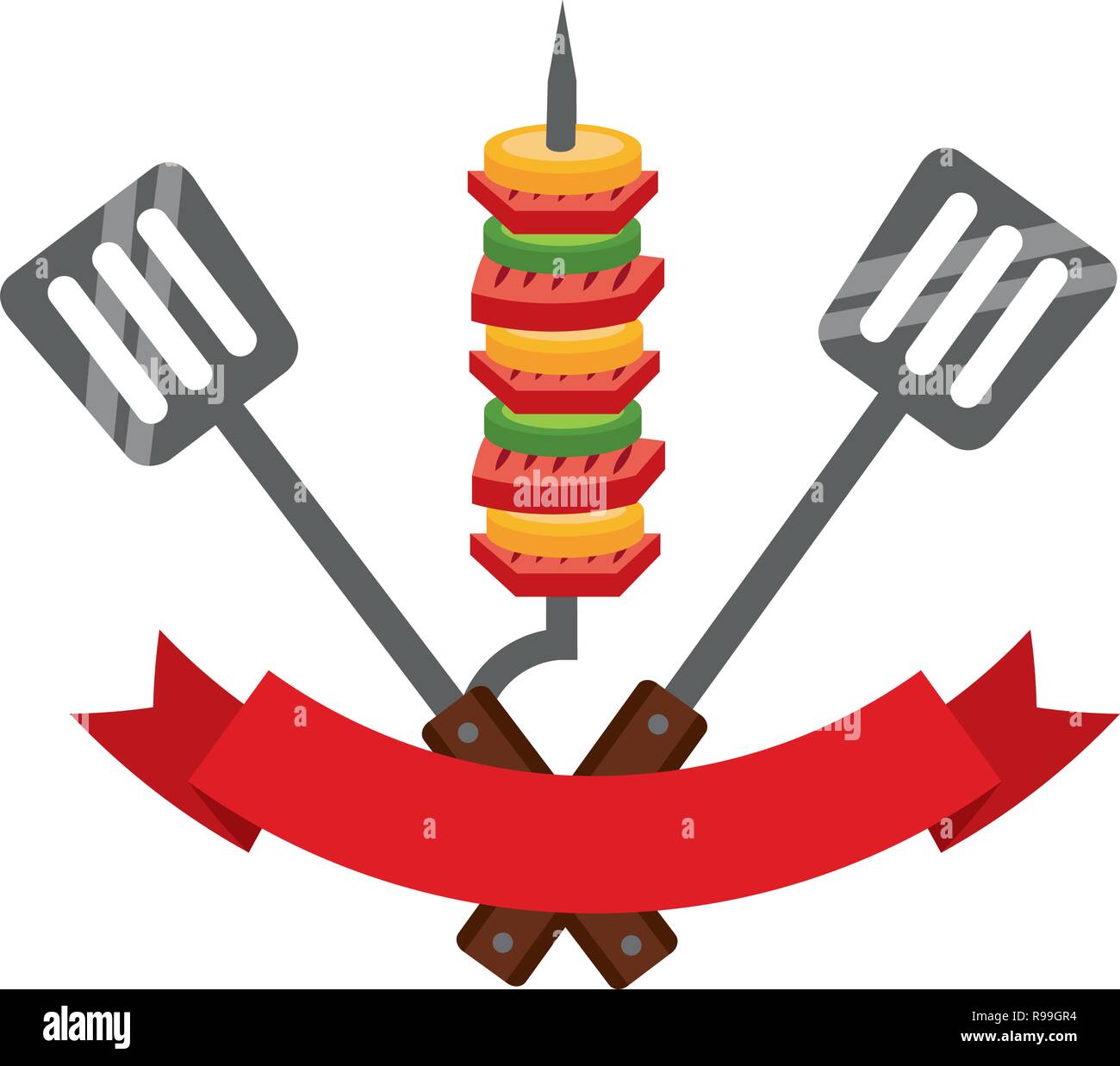 grill barbecue skewers spatulas and ribbon vector illustration Stock ...