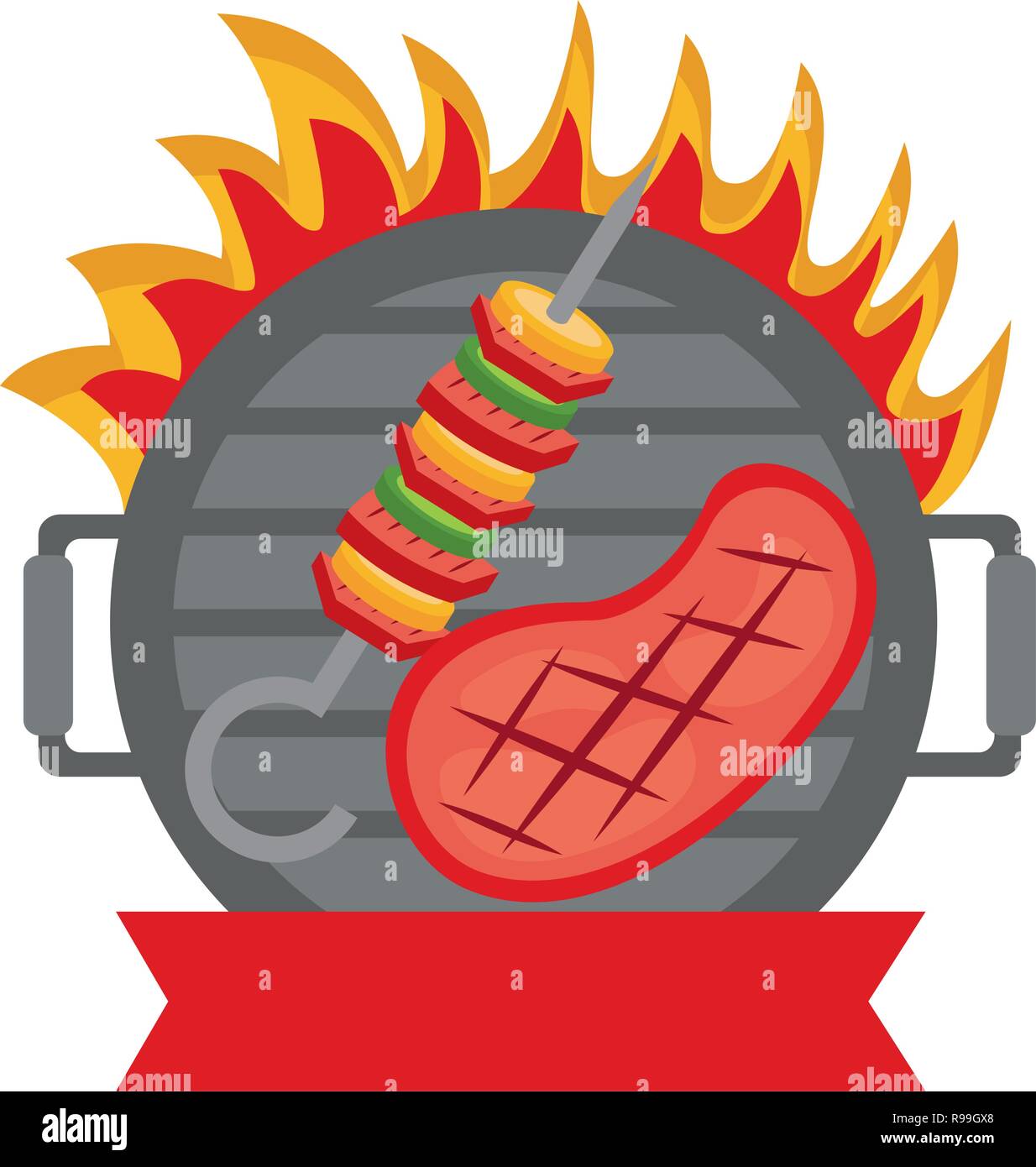 grill barbecue skewer and steak flame vector illustration Stock Vector