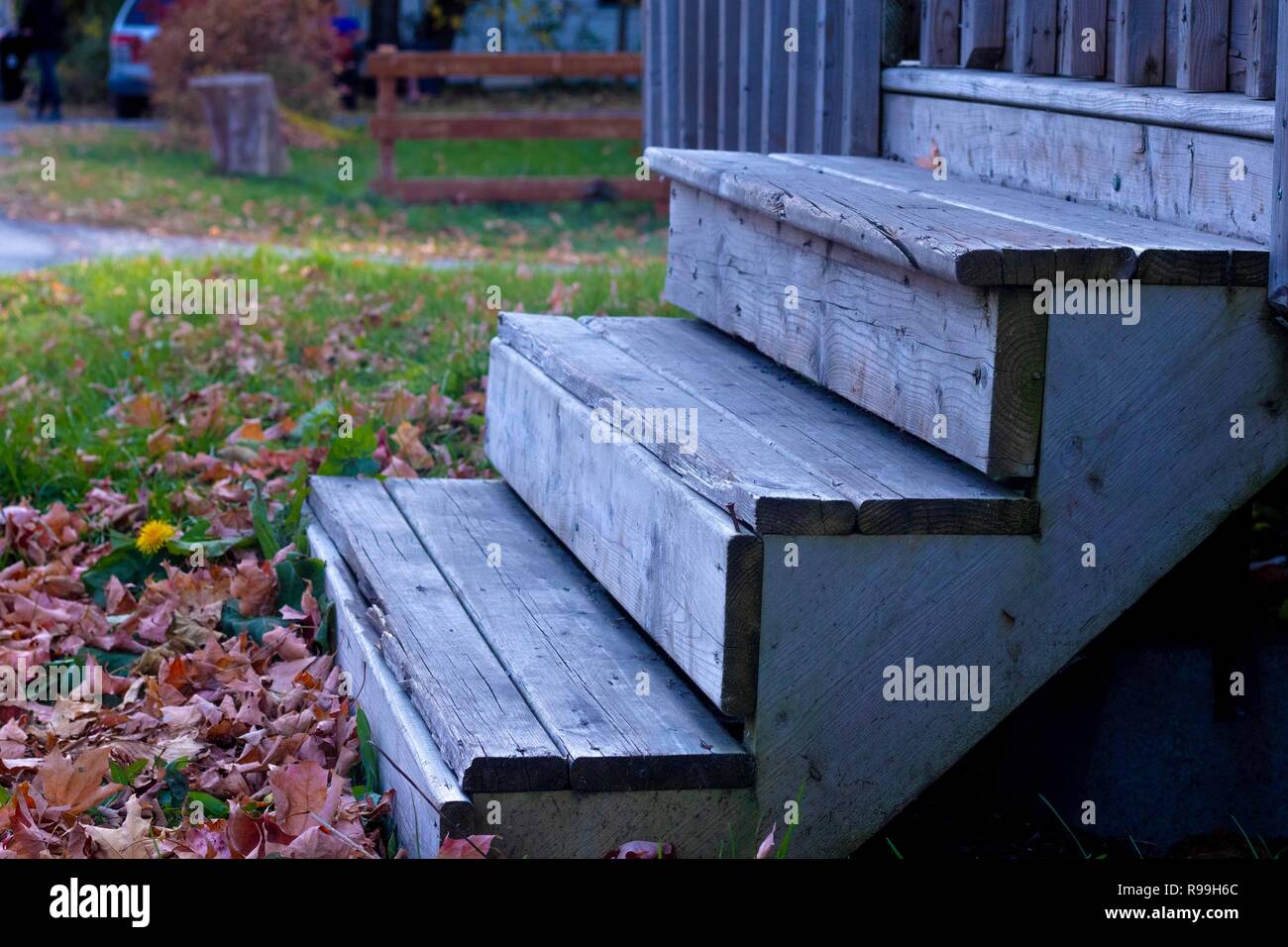 Dead leaves by old wooden stairs in fall setting. Stock Photo