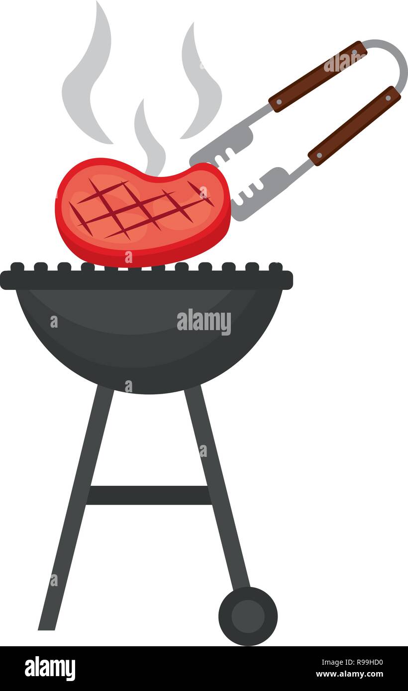 barbecue grill with meat and tongs vector illustration Stock Vector