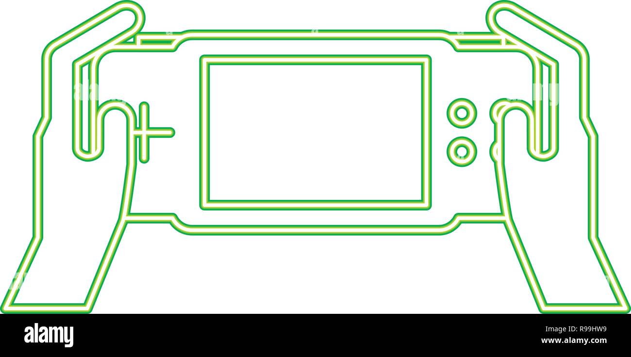 hands holding gamepad neon video game vector illustration Stock Vector ...