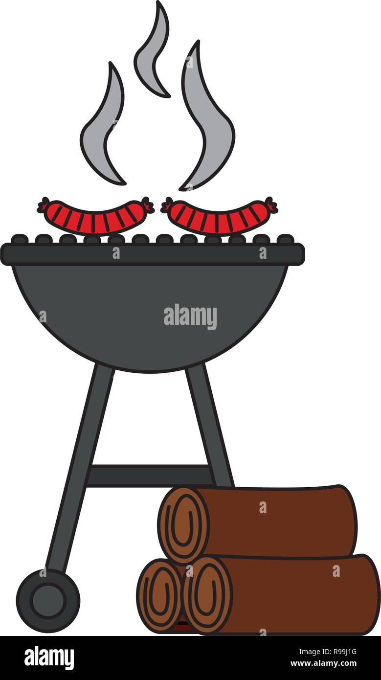 barbecue grill with sausages and wooden vector illustration vector ...