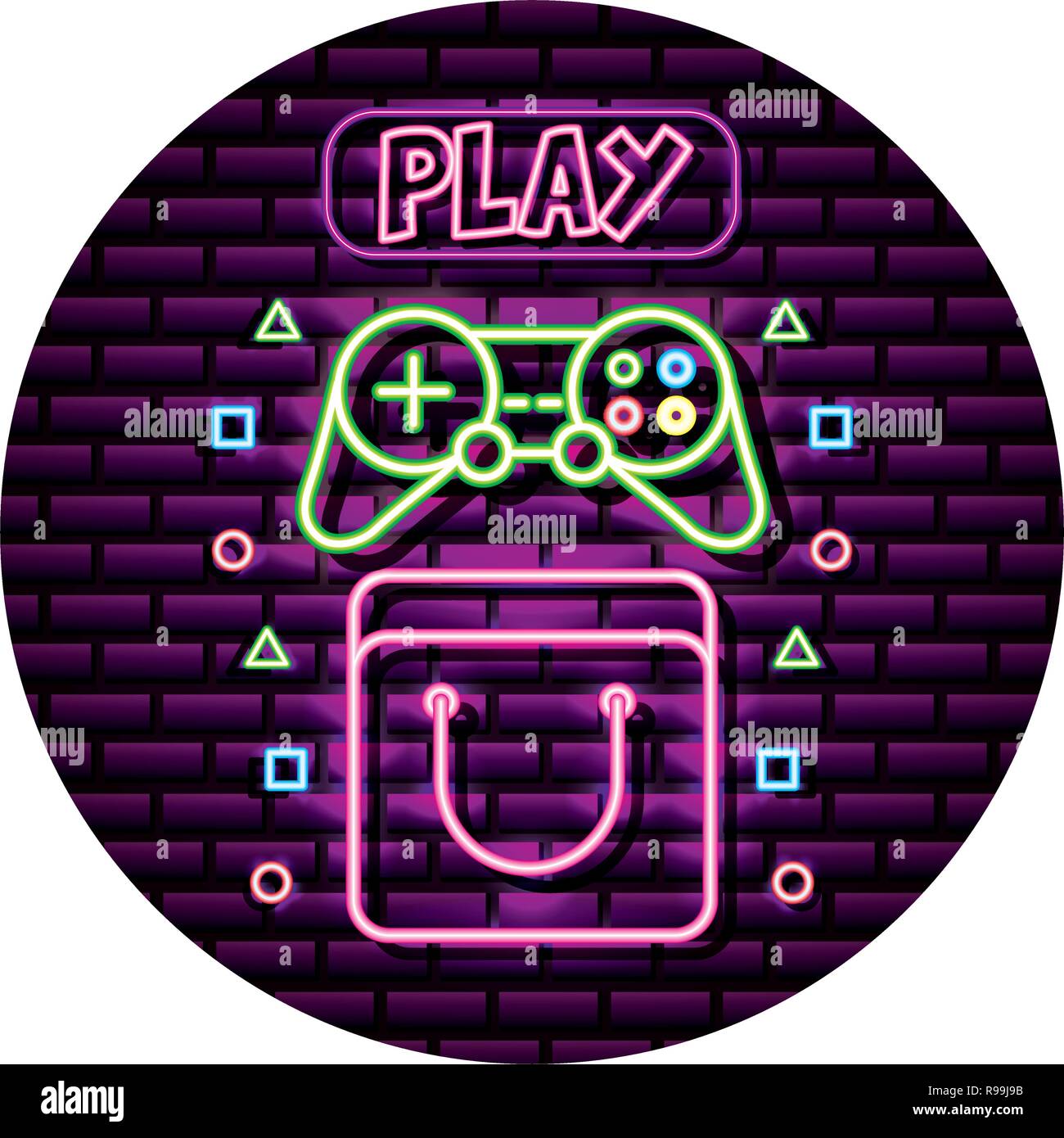 bag controller and play neon video game wall vector illustration Stock ...