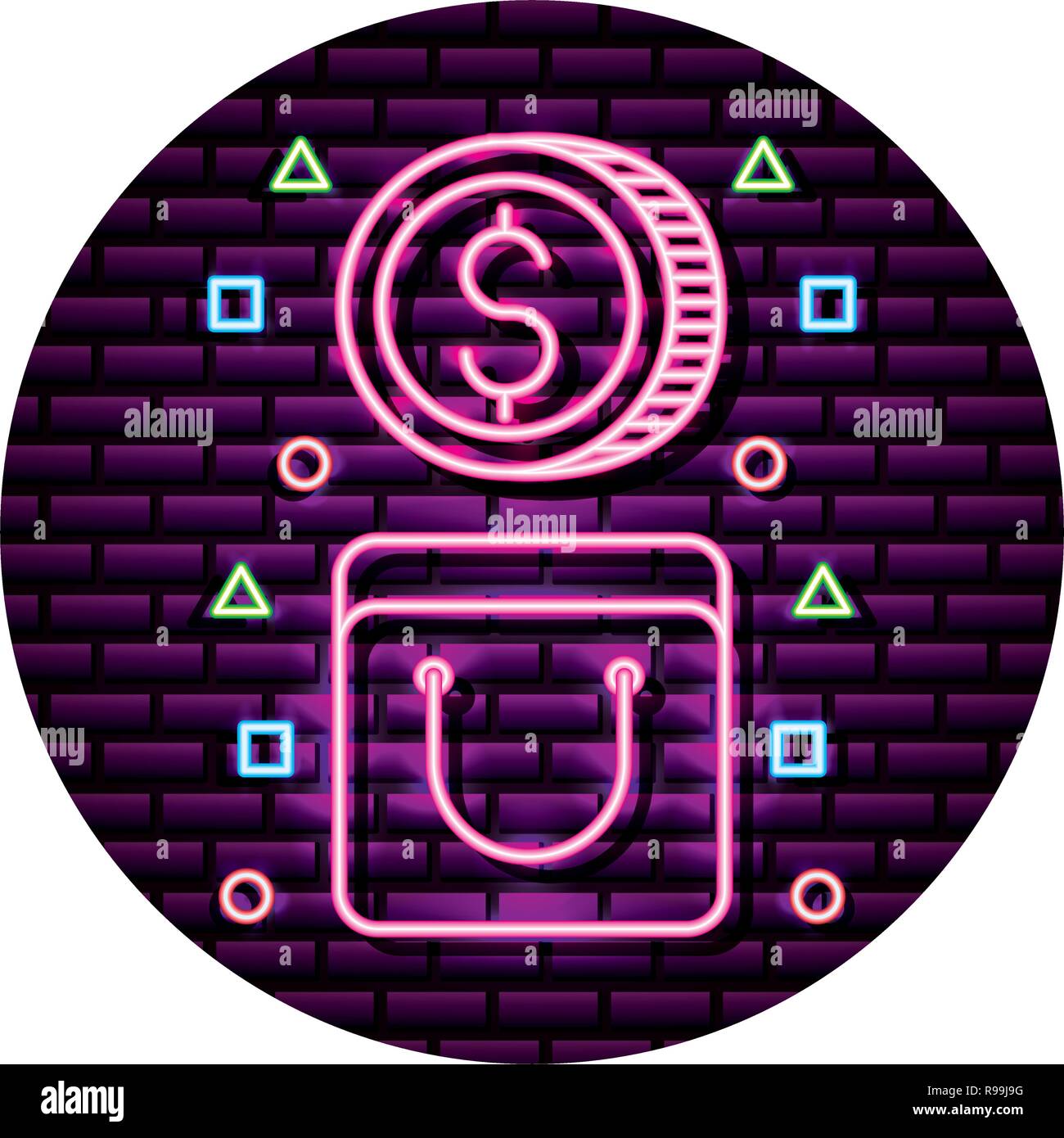 shopping bag coin money neon wall vector illustration Stock Vector