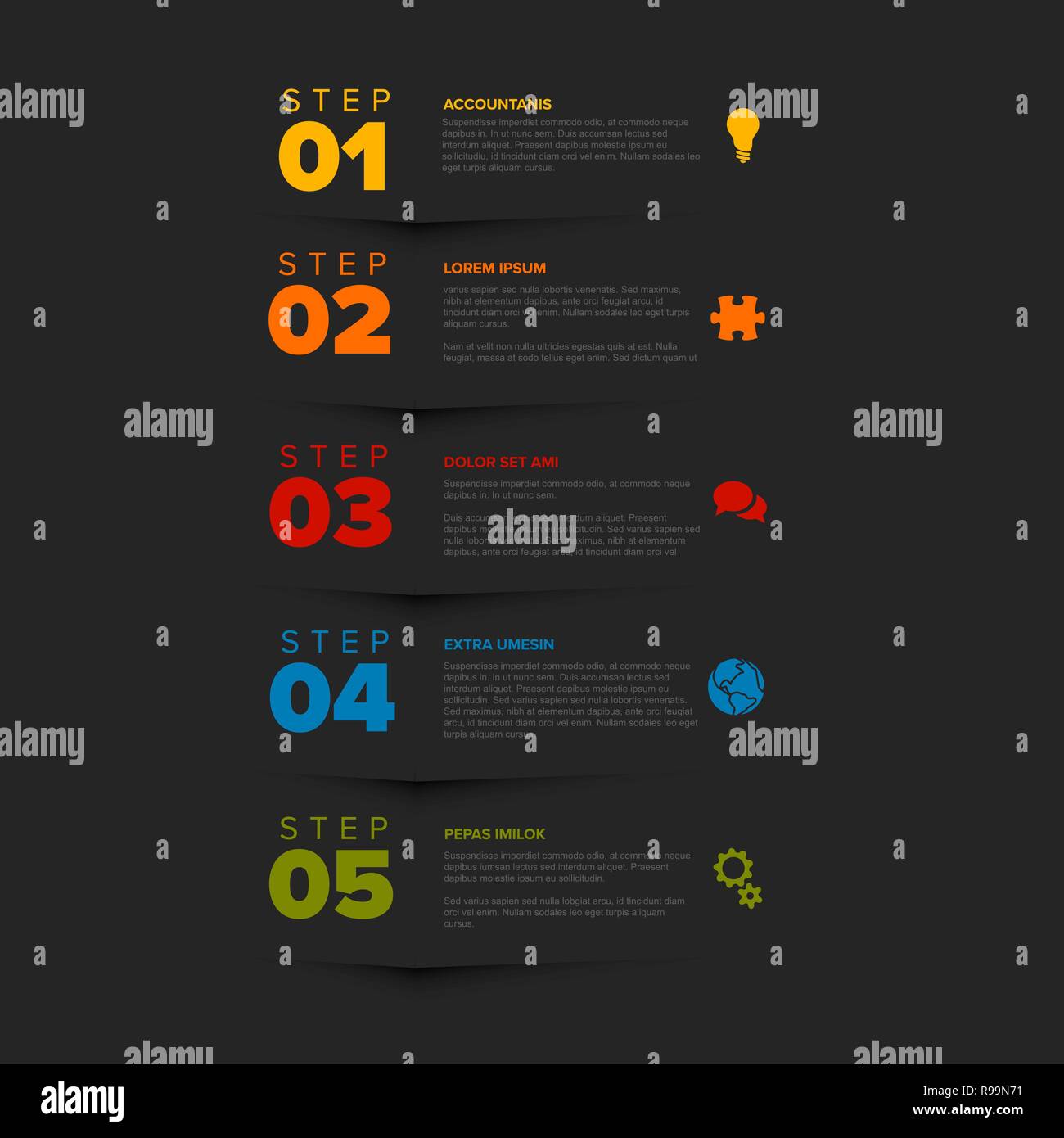 Vector vertical five steps progress template with descriptions and ...