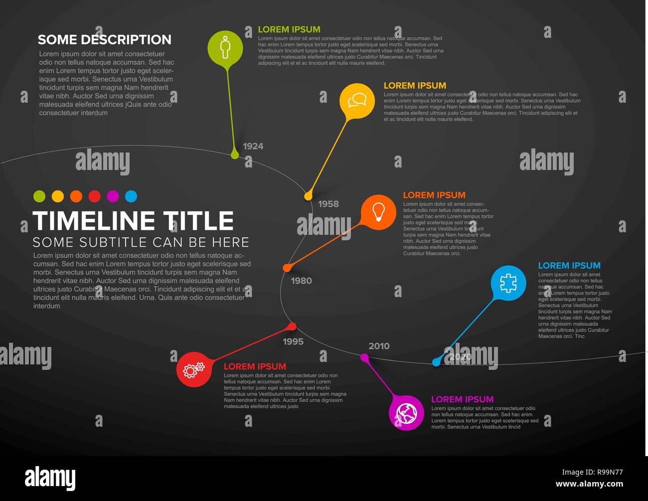 Colorful dark vector infographic timeline report template with bubbles Stock Vector
