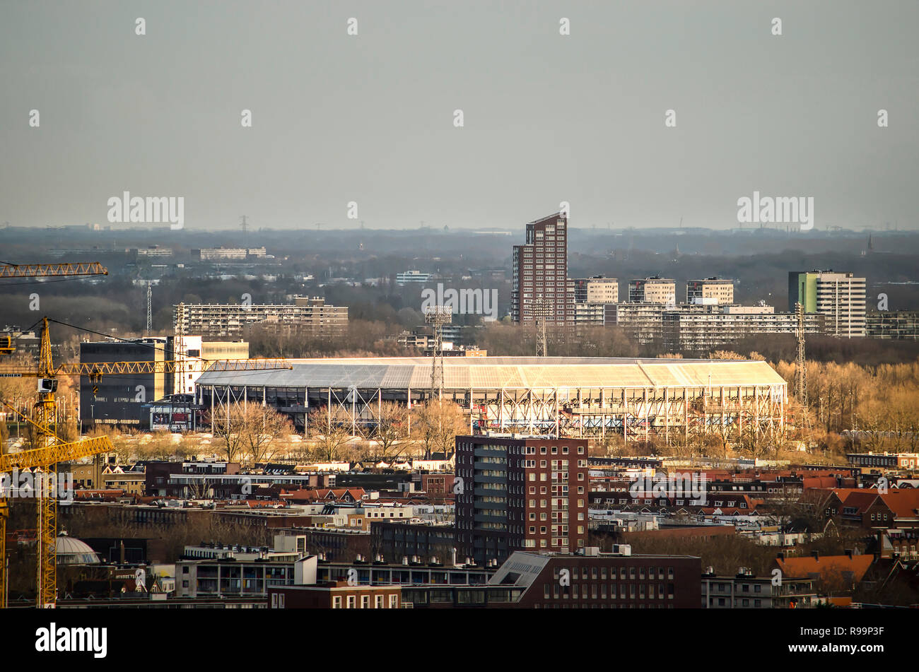 Rotterdam, The Netherlands, December 10, 2018: long distance aerial view of legendary stadium De Kuip, home of football Feyenoord, surrounded by mainl Stock Photo