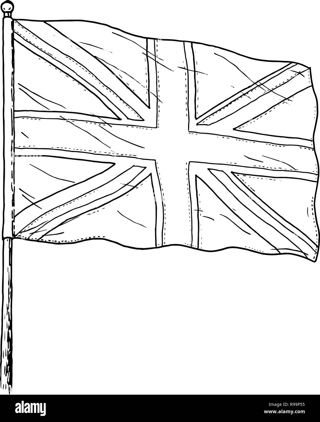 Flag of United Kingdom drawing - vintage like black and white illustration of British flag - Union Jack. Isolated on white background. Stock Vector