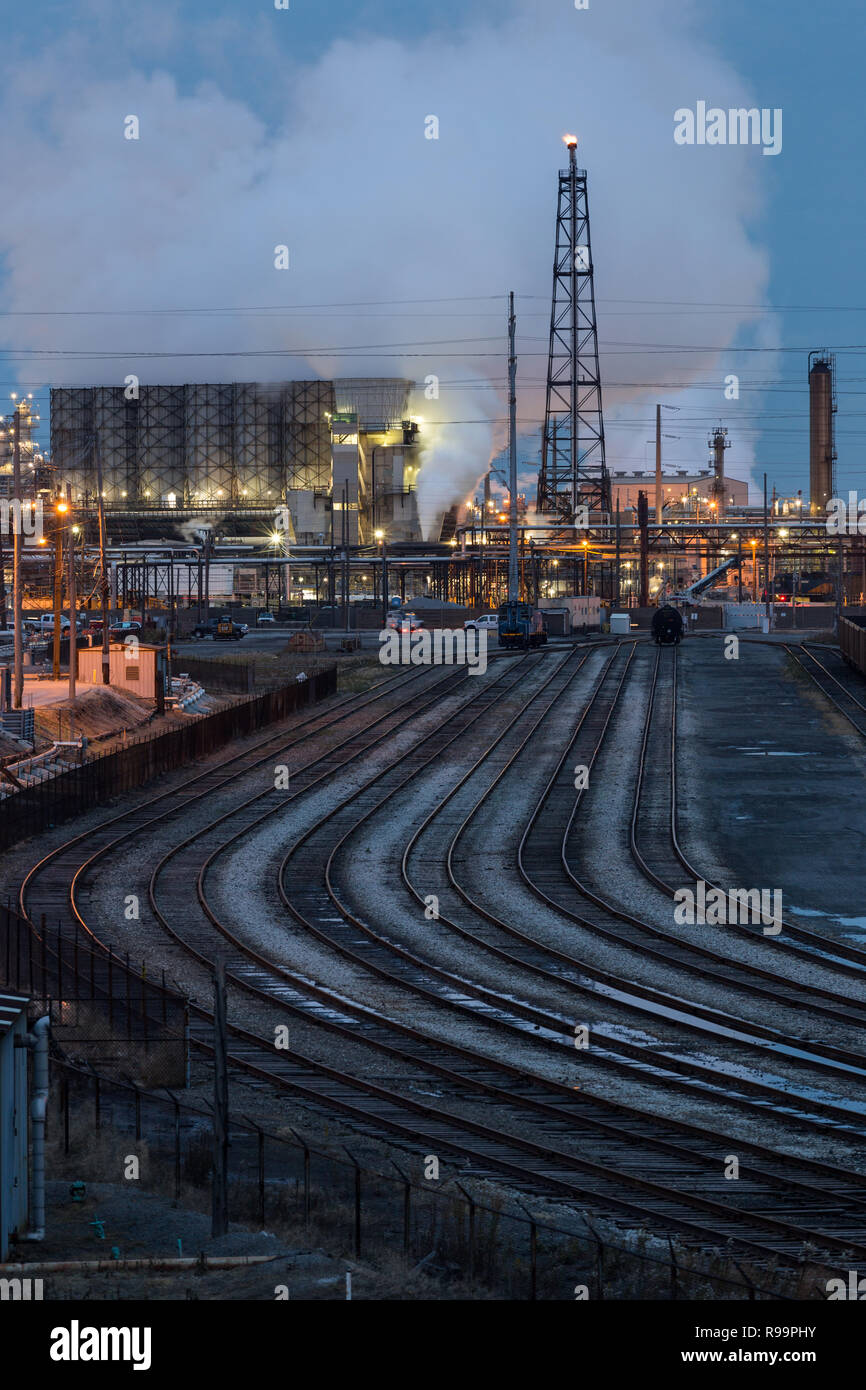 Oil refinery in Whiting, Indiana near sunrise on a cold November