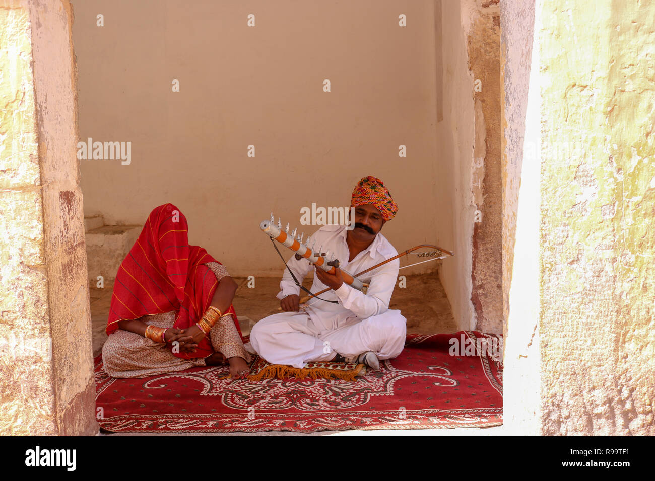 A Rajasthani traditional folk artist playing Ravanahatha (Violin) and
