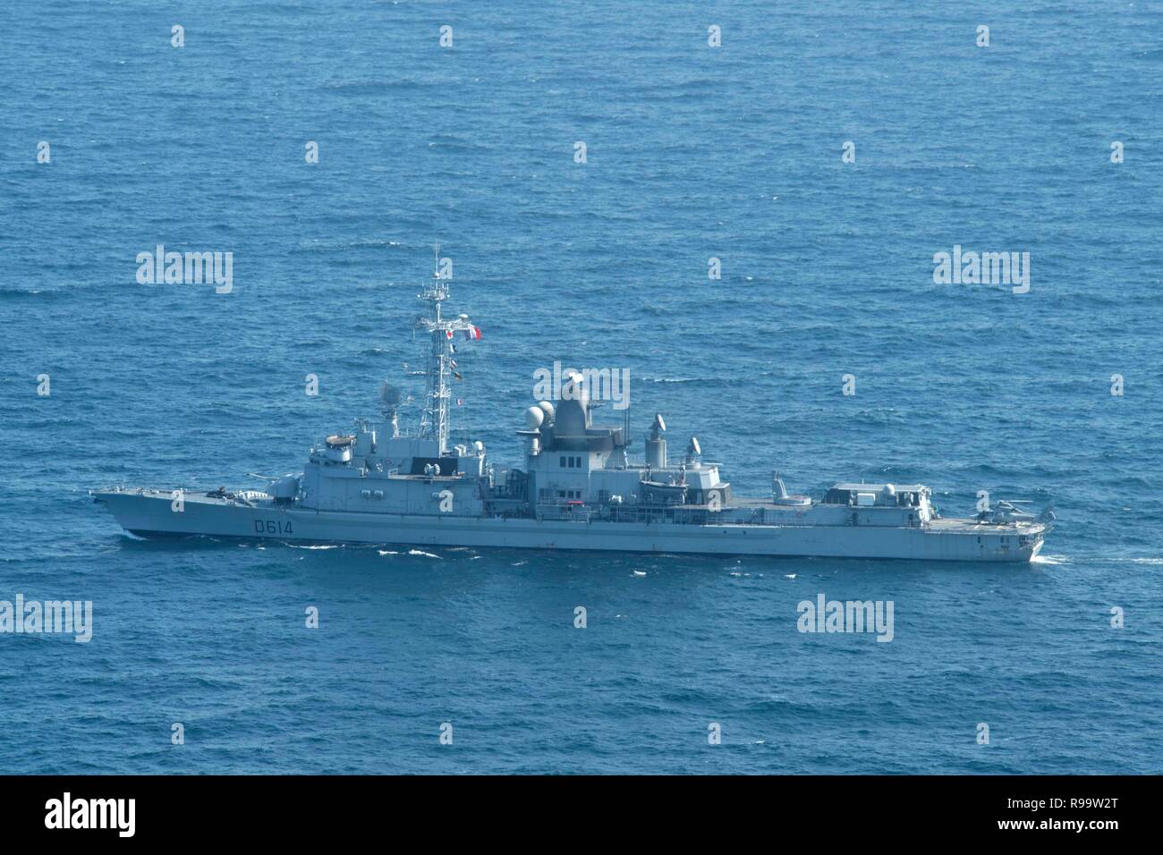 The French navy air defense destroyer FS Cassard underway during anti-submarine warfare exercise SHAREM 195 with the U.S. and France December 18, 2018 in the Arabian Sea. Stock Photo