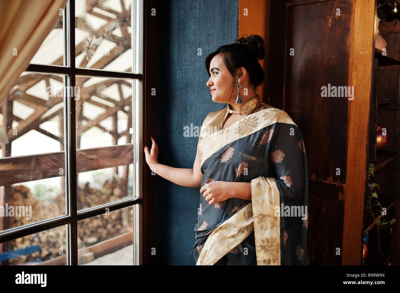 Elegant brunette south asian indian girl in saree standing under