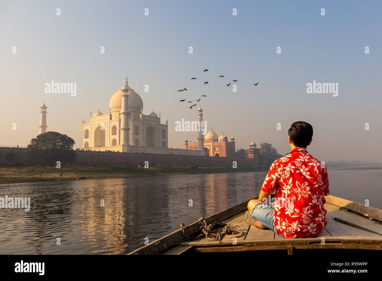 Man watching sunset over Taj Mahal from a wooden boat with bird flying over. Stock Photo