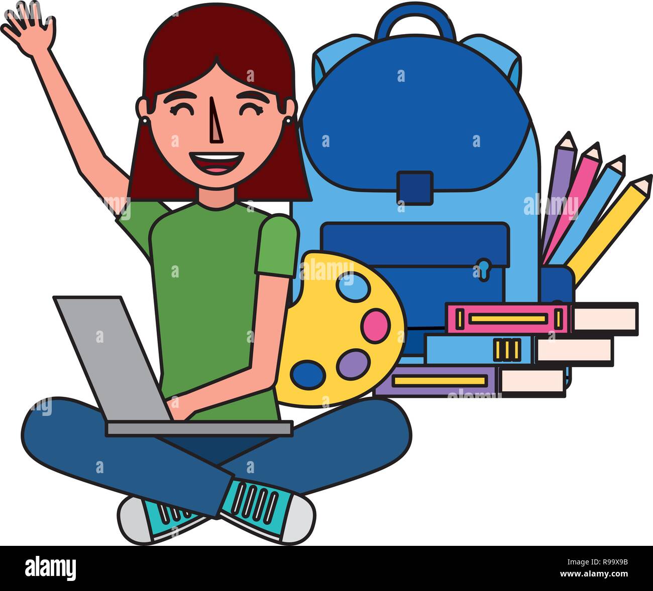 girl with laptop backpack and books education school vector illustration Stock Vector