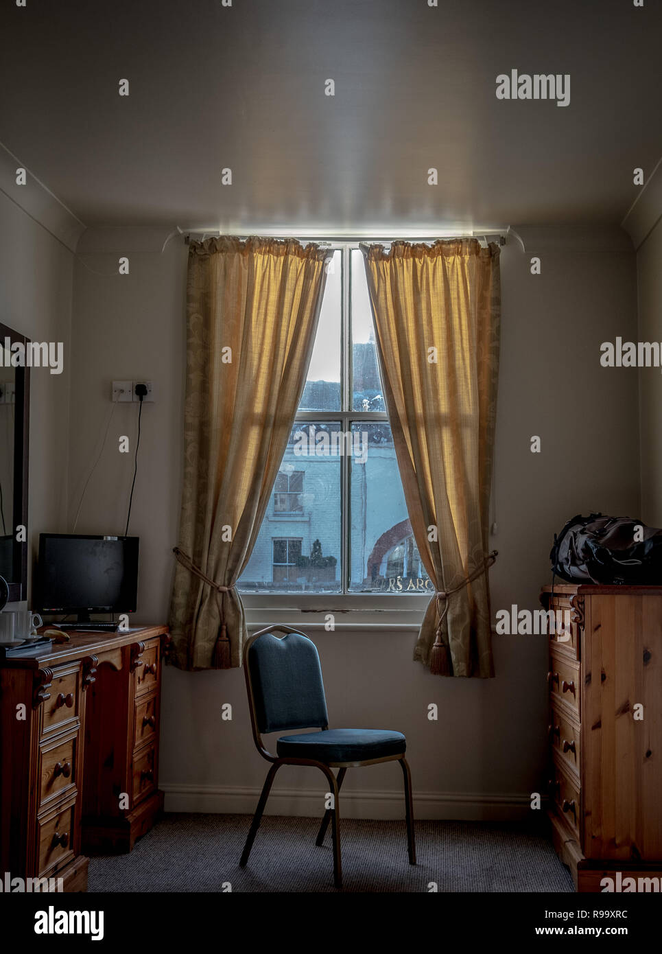 A hotel room and view out into the street in Northallerton Yorkshire UK Stock Photo