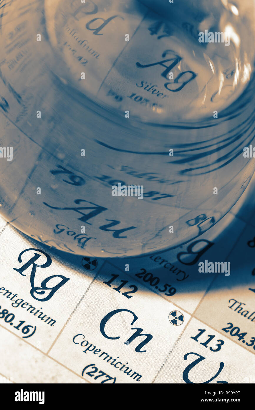 Chemicals in glass laboratory flask on the periodic table chart with