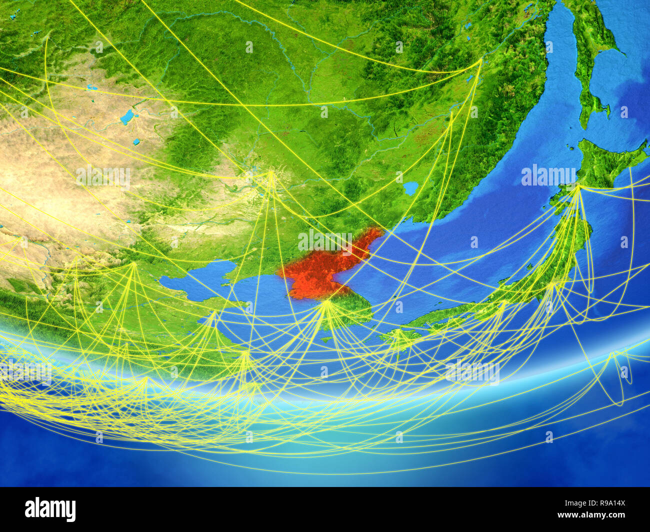 North Korea on model of planet Earth with network representing travel ...