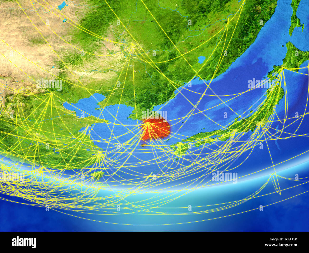 South Korea on model of planet Earth with network representing travel ...