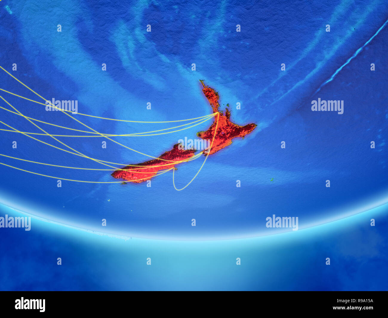 New Zealand on model of planet Earth with network representing travel ...