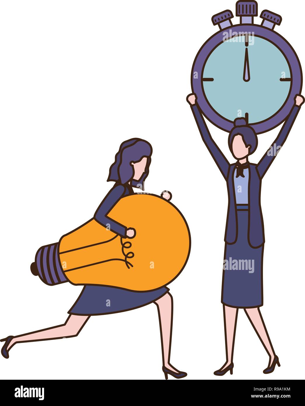 businesswomen with clock and light bulb character Stock Vector Image ...