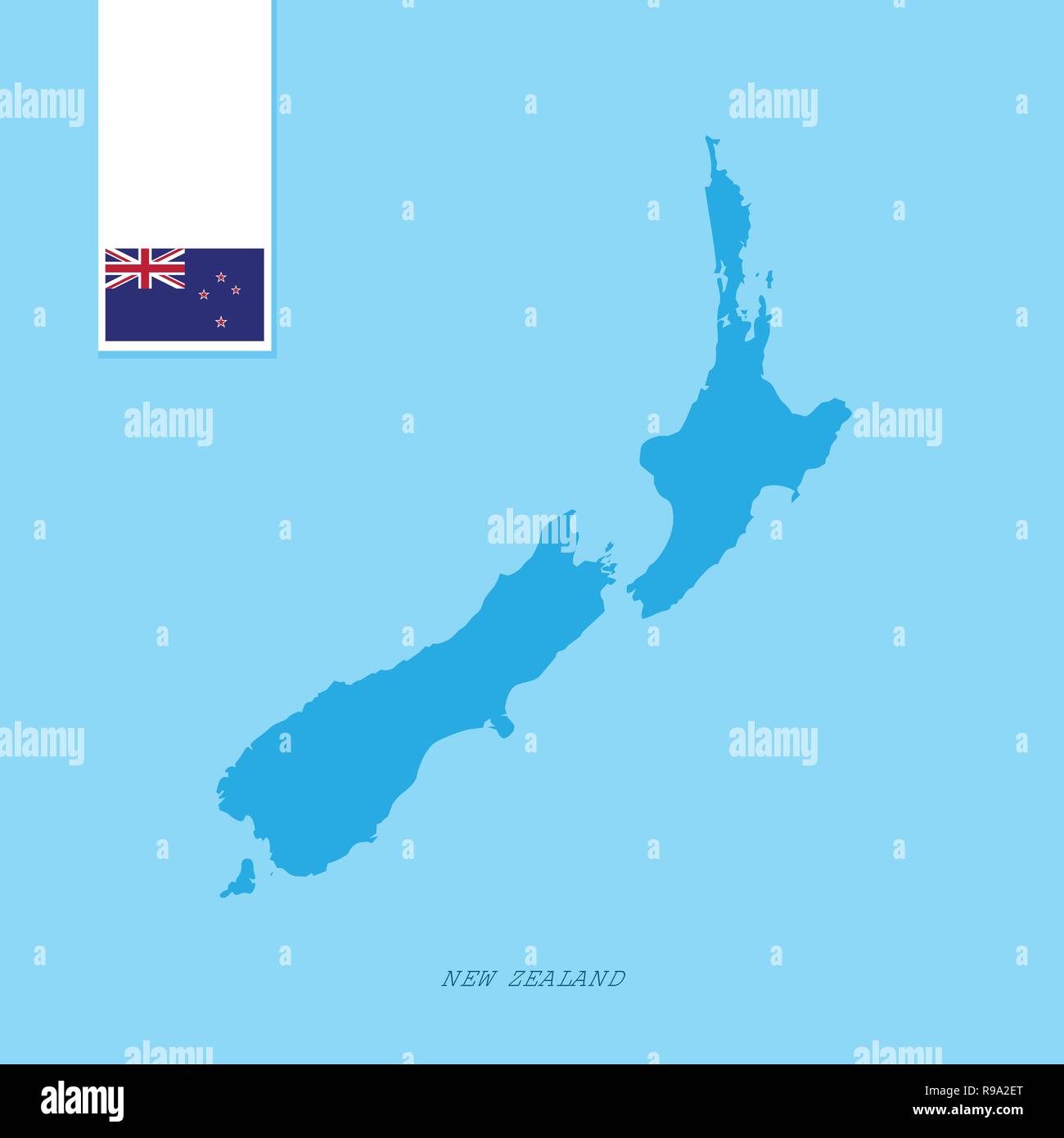 New Zealand Country Map with Flag over Blue background Stock Vector
