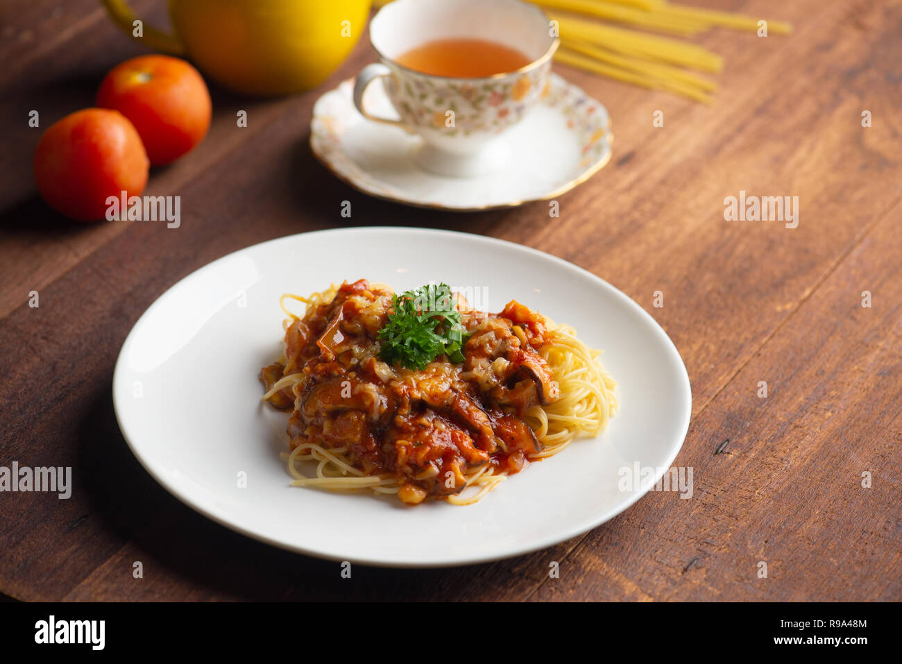 vegetarian bolognese mushroom spaghetti Stock Photo Alamy