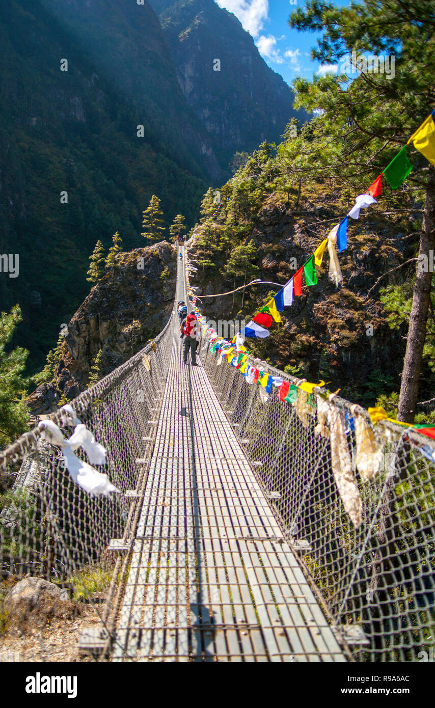Suspension bridge on the way to Namche Bazar in Himalayas. Everest base