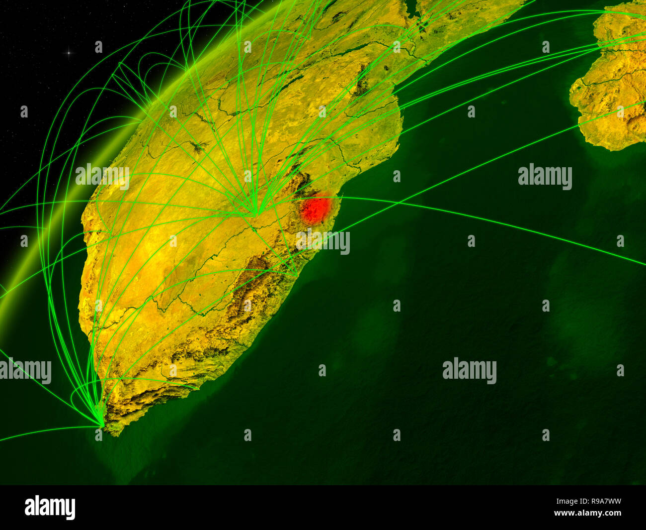 eSwatini on model of green planet Earth with international networks. Concept of digital communication and technology. 3D illustration. Elements of thi Stock Photo