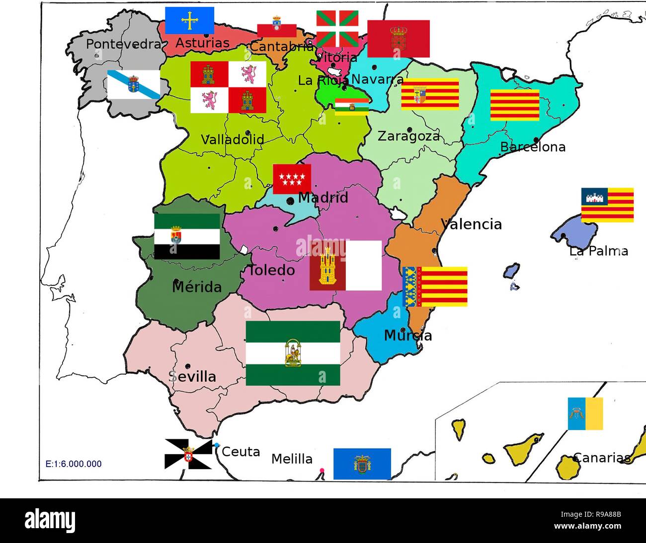 Mapa de España con las autonómias pintadas con sus banderas. Stock Photo