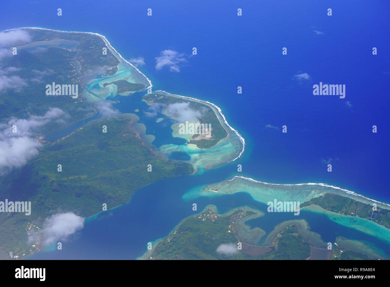 Aerial view of the island and lagoon of Huahine near Tahiti in French Polynesia, South Pacific Stock Photo